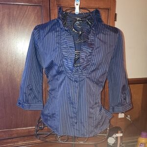 Blue & Gray Striped Ruffle Blouse